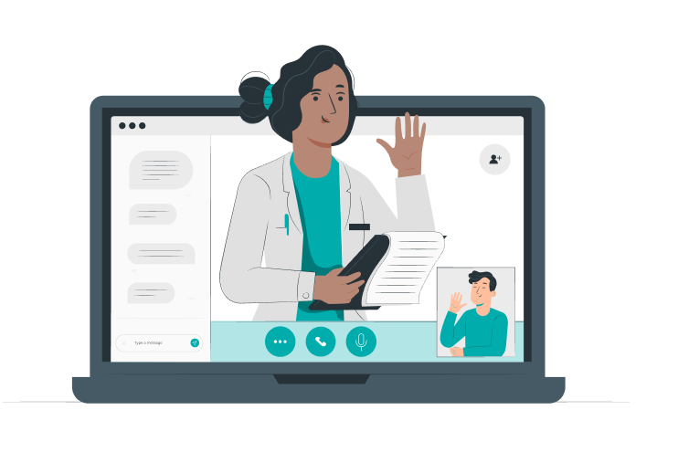 Doutora em atendimento online, aparecendo na tela do computador em videochamada com paciente. 