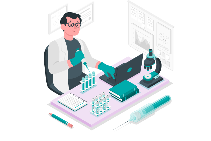 Farmacêutico manipulando medicamento, com livros e agenda em cima da mesa, e uma ampola de coleta de sangue aguardando análise. 